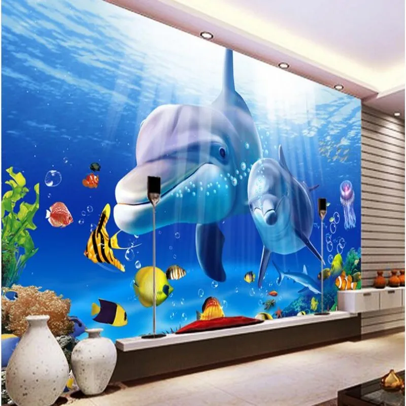 

wellyu Custom large frescoes blue ocean 3D dolphin TV backdrop non-woven wallpaper papel de parede para quarto