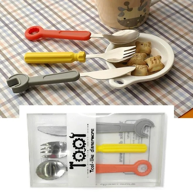 

Creative Spanner screwdriver shape tableware silicone stainless steel Portable Travel Kids Cutlery ss1686