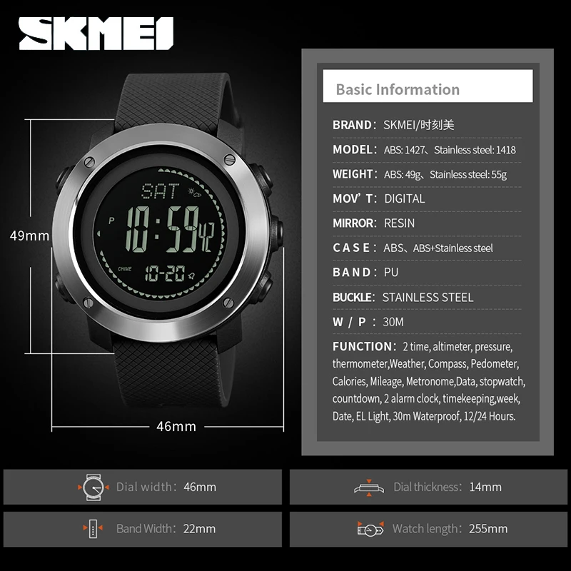 SKMEI Outdoor Compass Watches Mens Digital Sport Wristwatches For Men Thermometer Pressure Weather Tracker Watch reloj 1418 1427