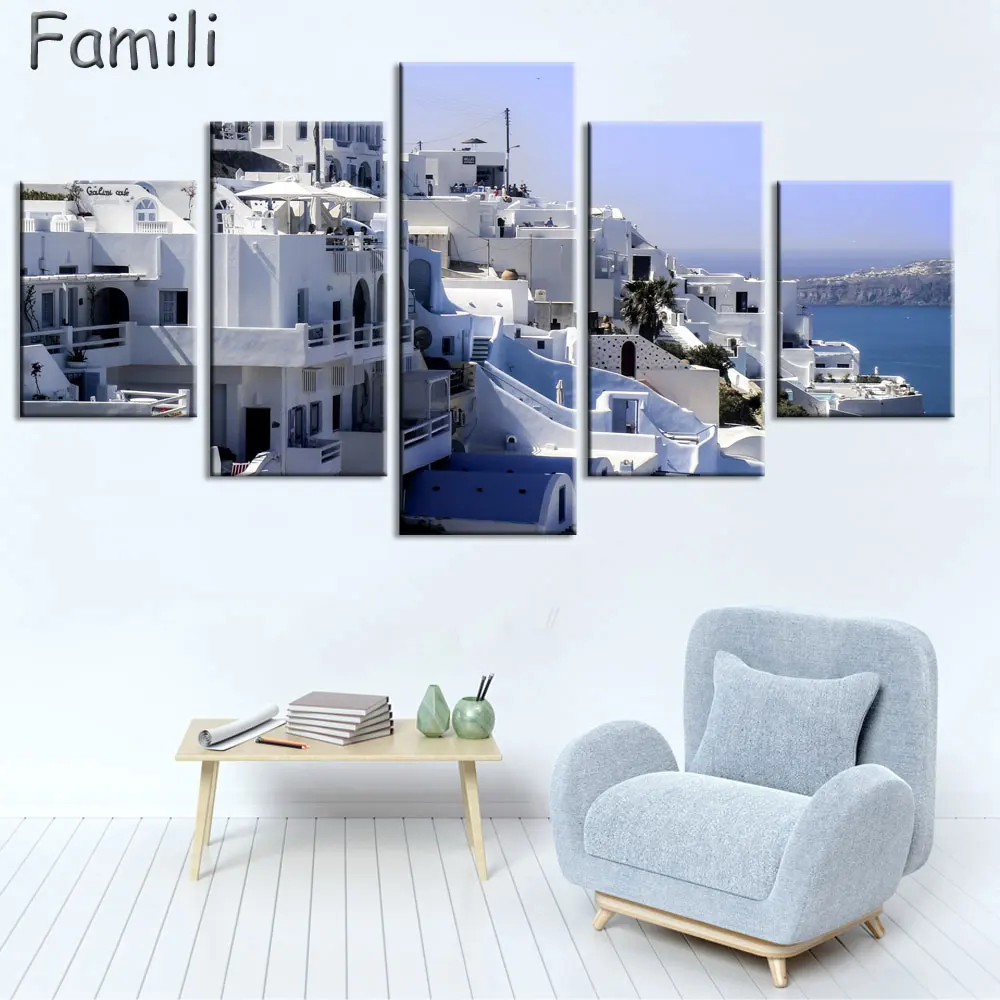 

5 Pieces Wall Art Painting Santorini At Night Prints On Canvas The Picture City Pictures Oil For Home Modern Decoration Print