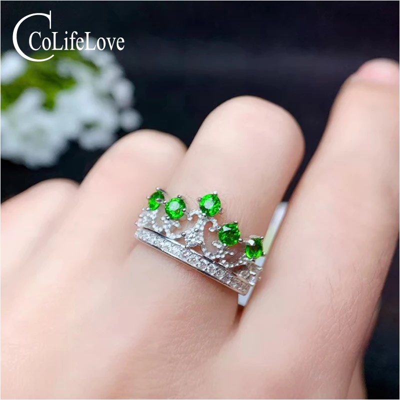 CoLife Jewelry 925 Silver Crown Ring for Young Girl 100% Natural Chrome Diopside Silver Ring Birthday Gift for Daughter