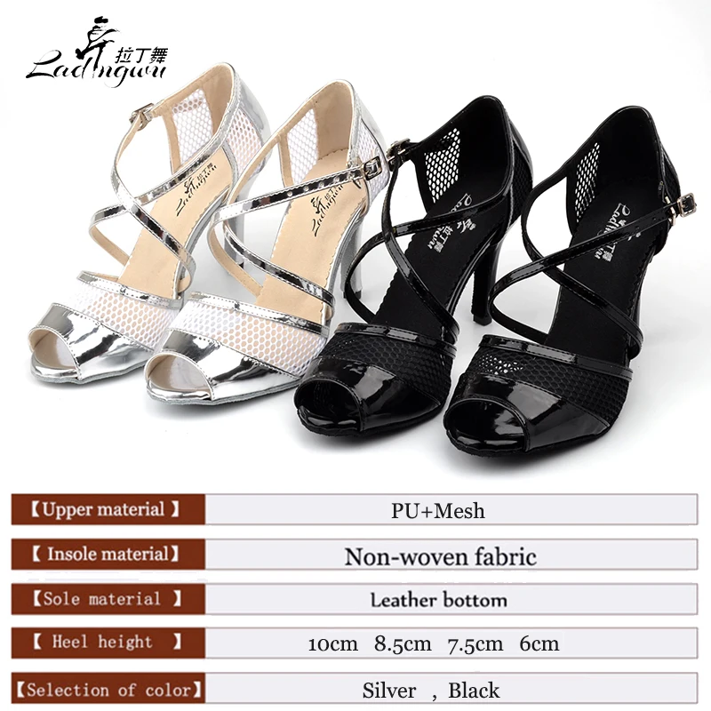 Ladingwu Baru Musim Panas Bernapas mesh dan PU Sepatu Wanita Tari Latin Hitam/Perak Tari Ballroom salto alto sapato feminino sepatu