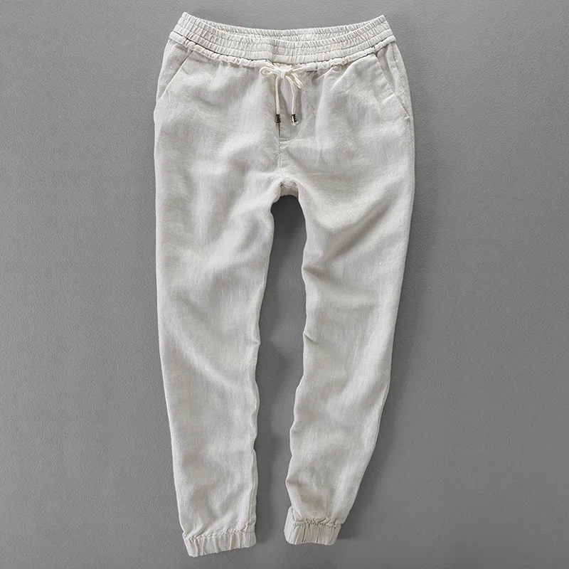 Large 30-40 size 100% linen brand pants men solid elastic waist ankle-length summer men pants breathable fashion trousers men