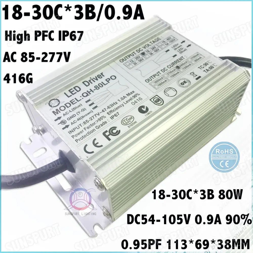 Alta PFC 5-80 W LED Driver AC85-277V DC5-100V 2-30Cx3B 900mA Corrente Costante All\'interno Esterno IP67 10 W 20 W 30 W 80 W Spedizione Gratuita