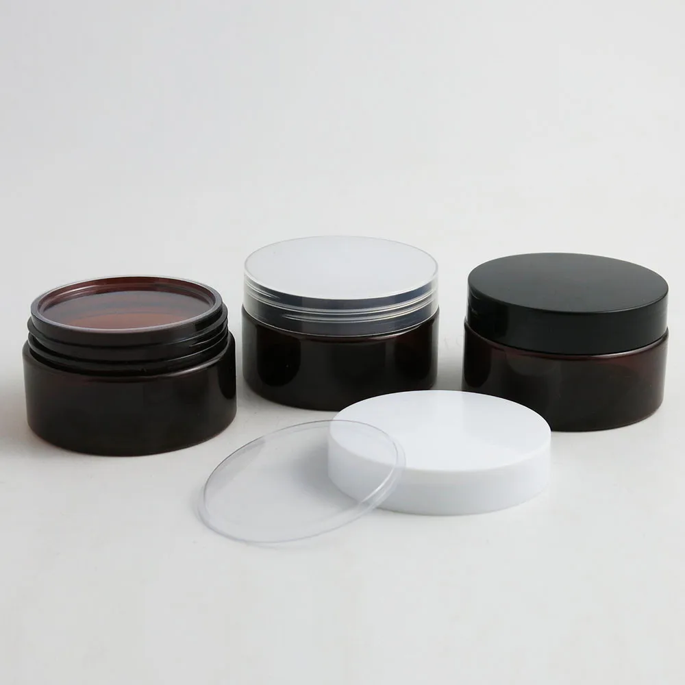 

30 x DIY 100g Empty Amber PET cream jar with Plastic white black clear lids and pet seal 100ml PET Jar Cosmetic Container