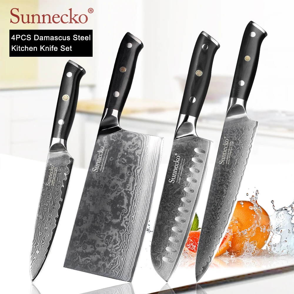 SUNNECKO 1-4pcs/set Damascus Chef Slicing Paring Knife Japanese VG10 Steel Blade Cleaver Utility Cut Kitchen Knives G10 Handle