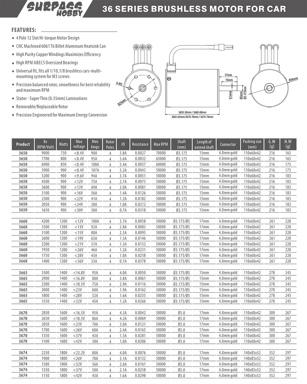 SURPASS HOBBY Waterproof 3660 3.175mm 1750KV 2200KV 2600KV 3100KV 3500KV 4200KV Waterproof Brushless Motor for 1:10 RC Car