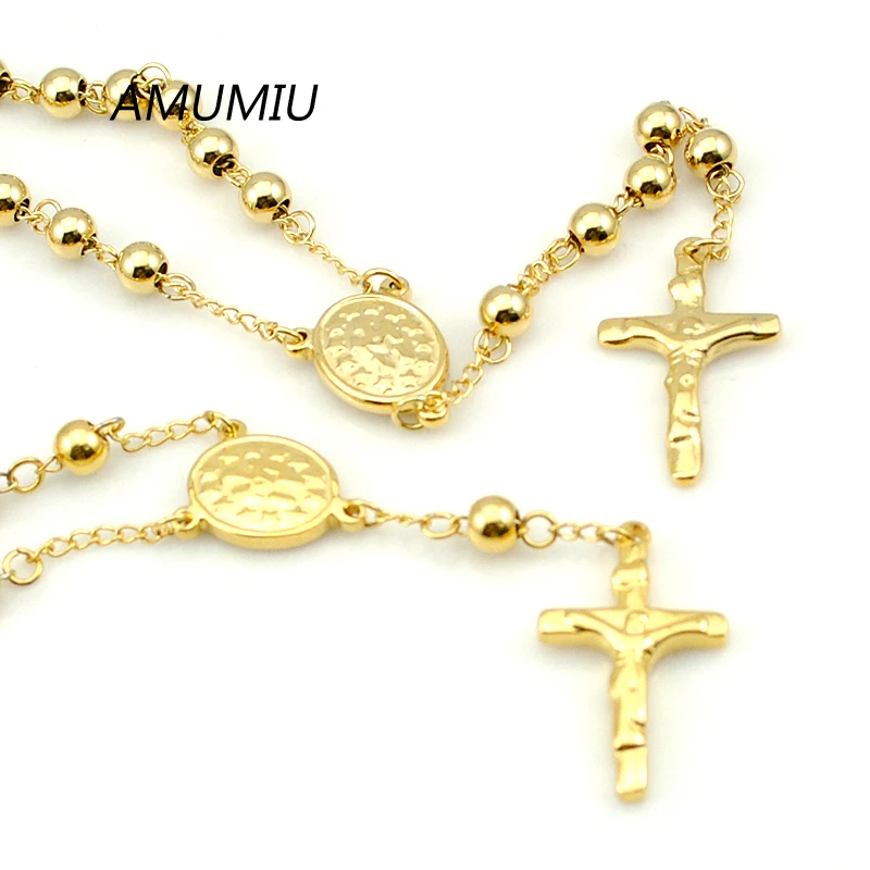 AMUMIU 6mm Beads Chain Gold Color Rosary Bracelet Necklace Sets 2piece/Set Cross Regilious Men Women Jewelry HZTZ075