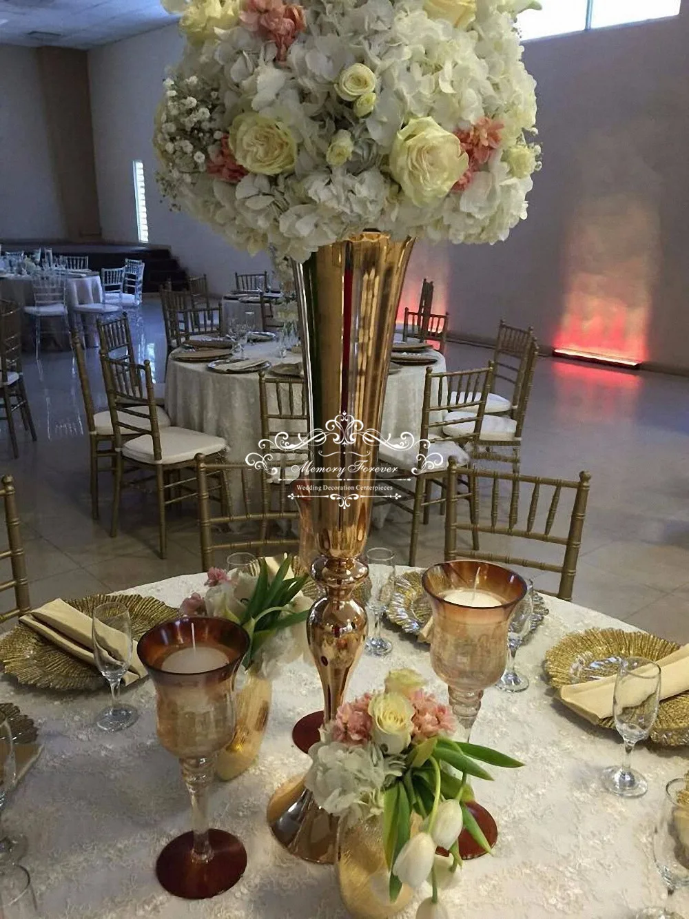 Wholesale Tall Flower Centerpiece Vase Metal Gold Silver White Trumpet Vases Wedding Anniversary Ceremony Party Table Decor