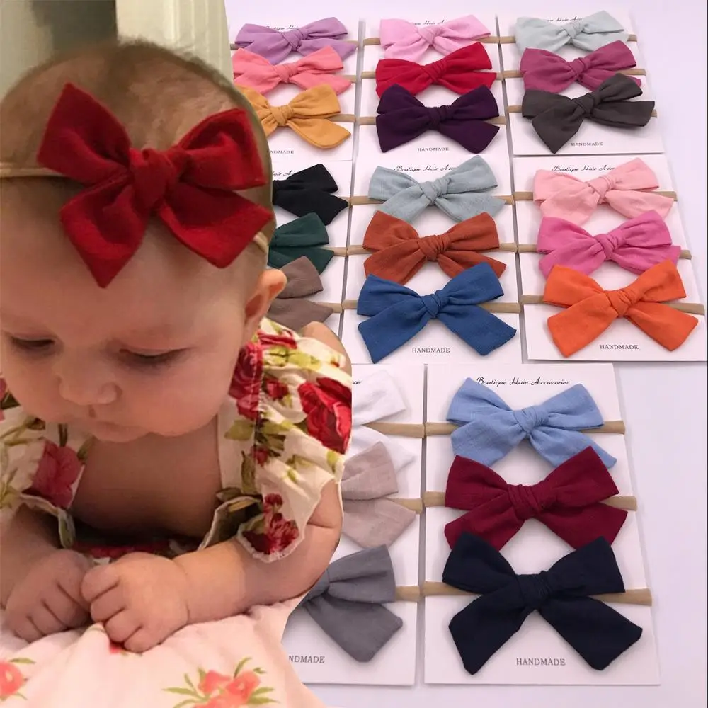 Set of 3 PCS Large 4-inch Fabric bow headbands Girls Soft Thin Nylon Headband Elastic hairbands Hair bow Accessories Headwear