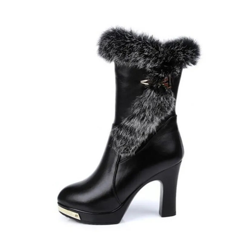 ZXRYXGS 2024 New High-end Real Rabbit Fur Cowhide Autumn Winter Shoes Woman Boots High-heel Boots Fashionable Warm Snow Boots