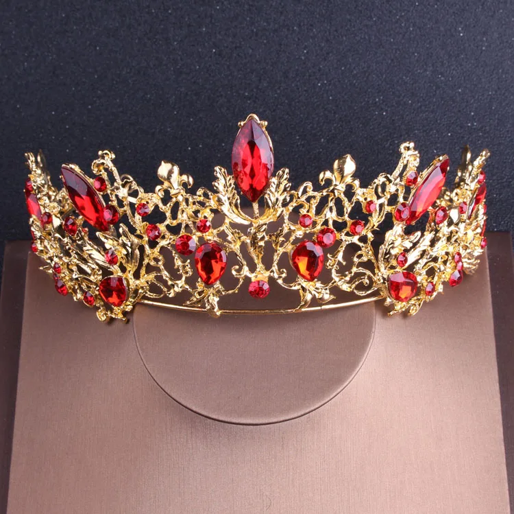 Baroque Vintage Gold Color Red Crystal Bridal Jewelry Sets Rhinestone Tiaras Crown Choker Necklace Earrings Wedding Accessories