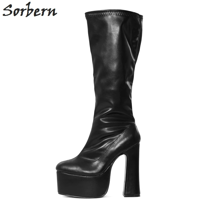 Sorbern Matte Knee High Women Boots Block Heels Platform Shoes Ladies Long Heels Boots Women Size 8 Plus Size Booties 2019 New