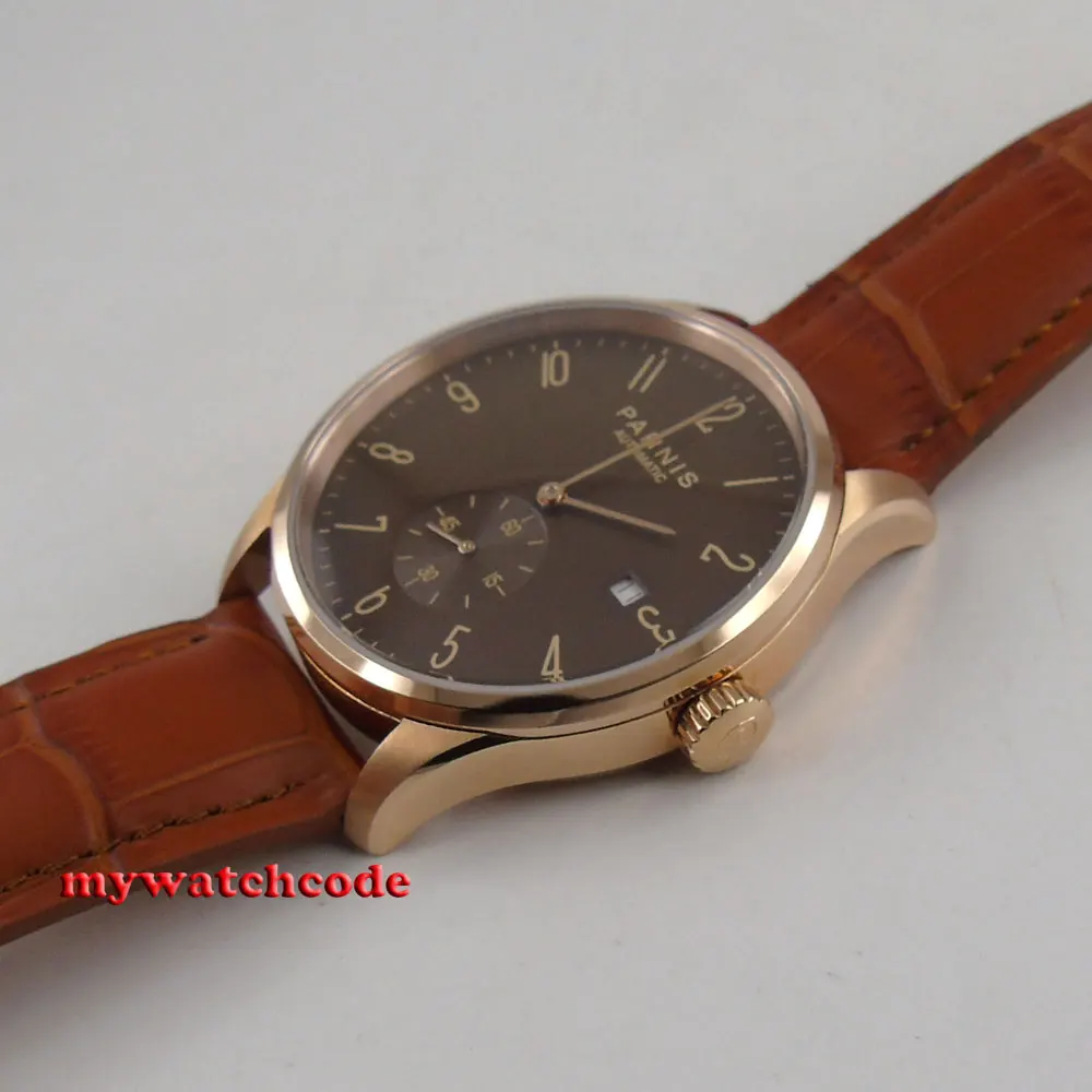 42mm parnis coffee dial rose golden case date window automatic mens watch P957B