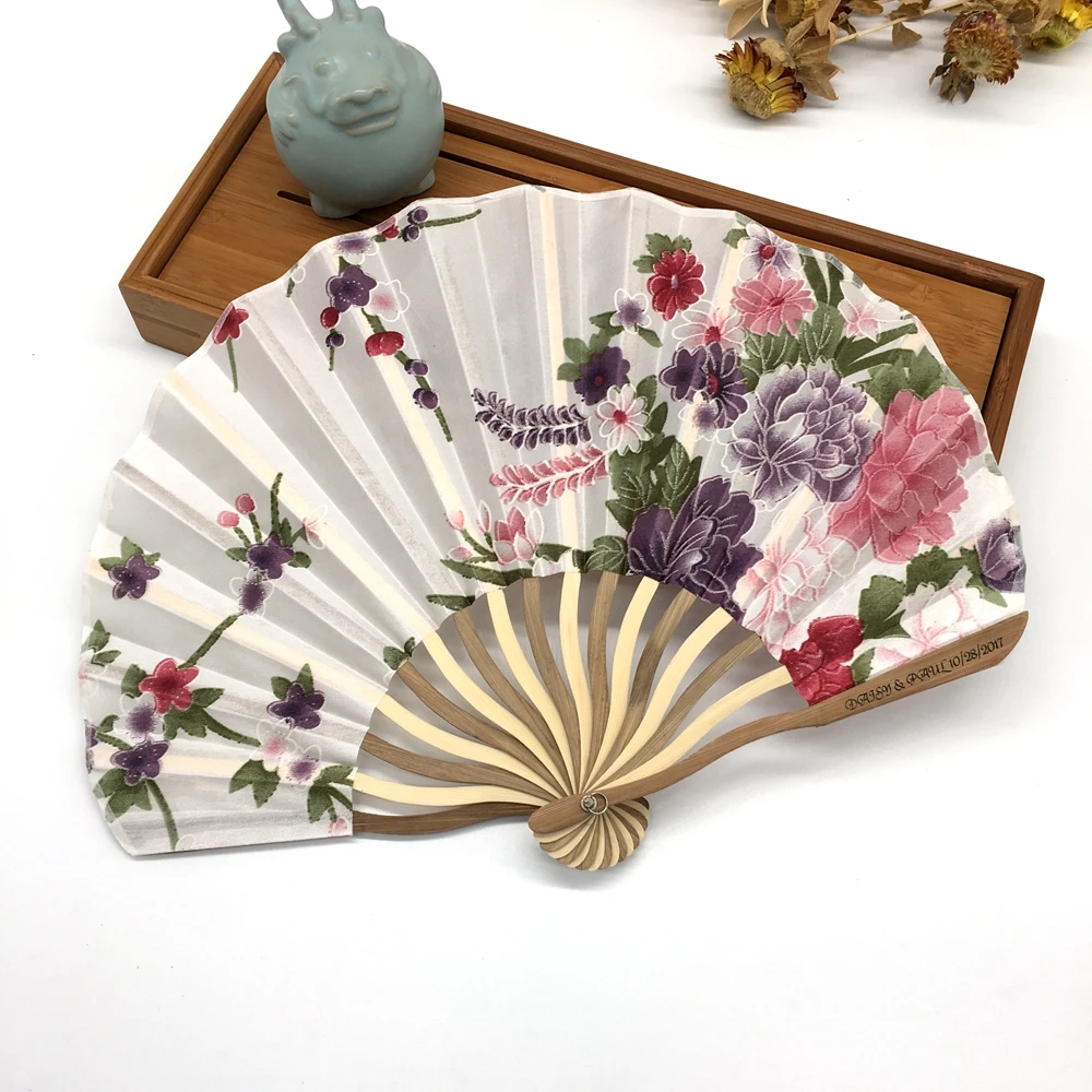 Free Shipping 50pcs/Lot Printed Personalized Delicate Packaging Japanese Flower Floral Fabric Folding Hand Fan Wedding Favors