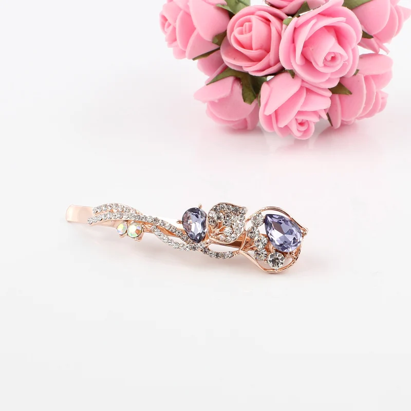 1 PC hair clip women flower rhinestones blue pink purple girls hot brand hairclip K9 crystal stones golden alloy head jewelry