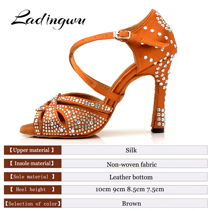 Ladingwu New Latin Dance Shoes Women New laser Rhinestone Satin Salsa Party Ballroom Dancing Shoes Bronze Cuba High Heel 10cm