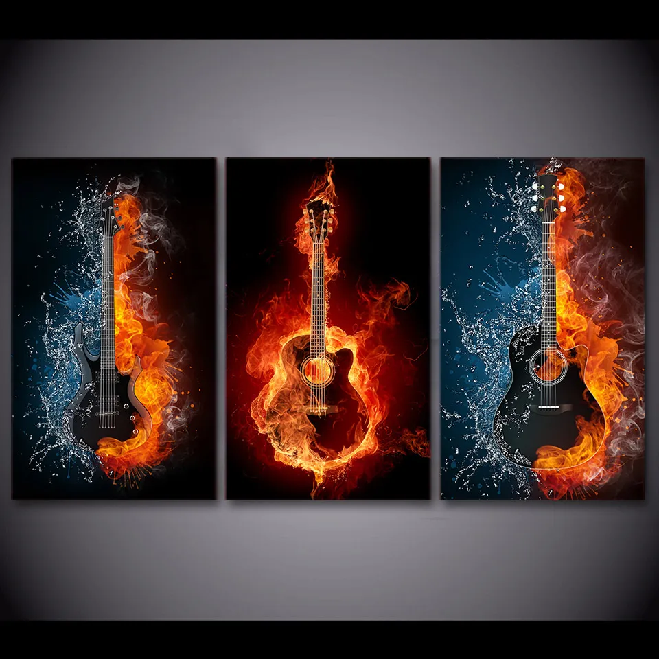 HD printed 3 Piece Burning Flame Game Music Guitar Canvas Painting for Living Room Posters and Prints Free Shipping ny-6754D