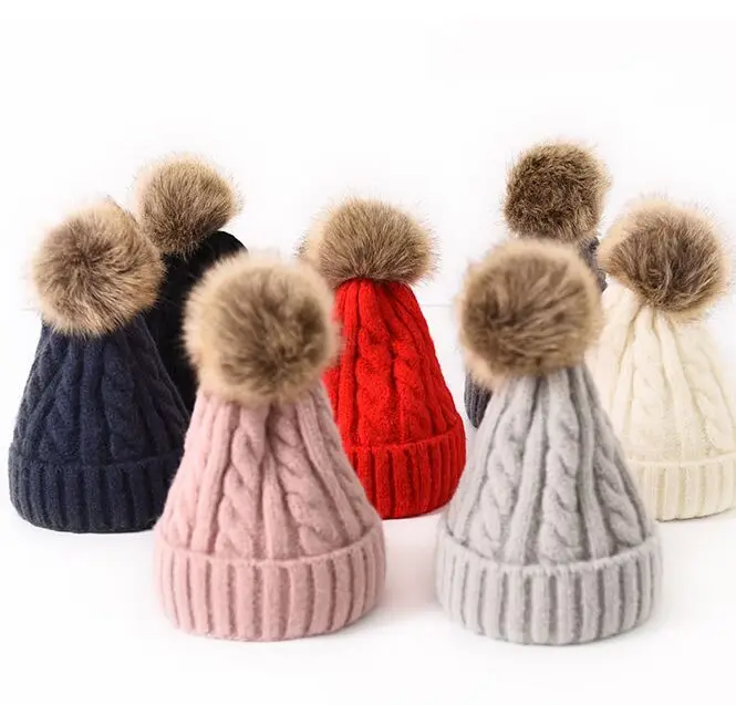 

Winter Kids Thick Warm Pom pom Knitted Beanies Skullies Caps Twist Cable Curled Cotton Wool Blends Knit Hats With Faux Fur Ball