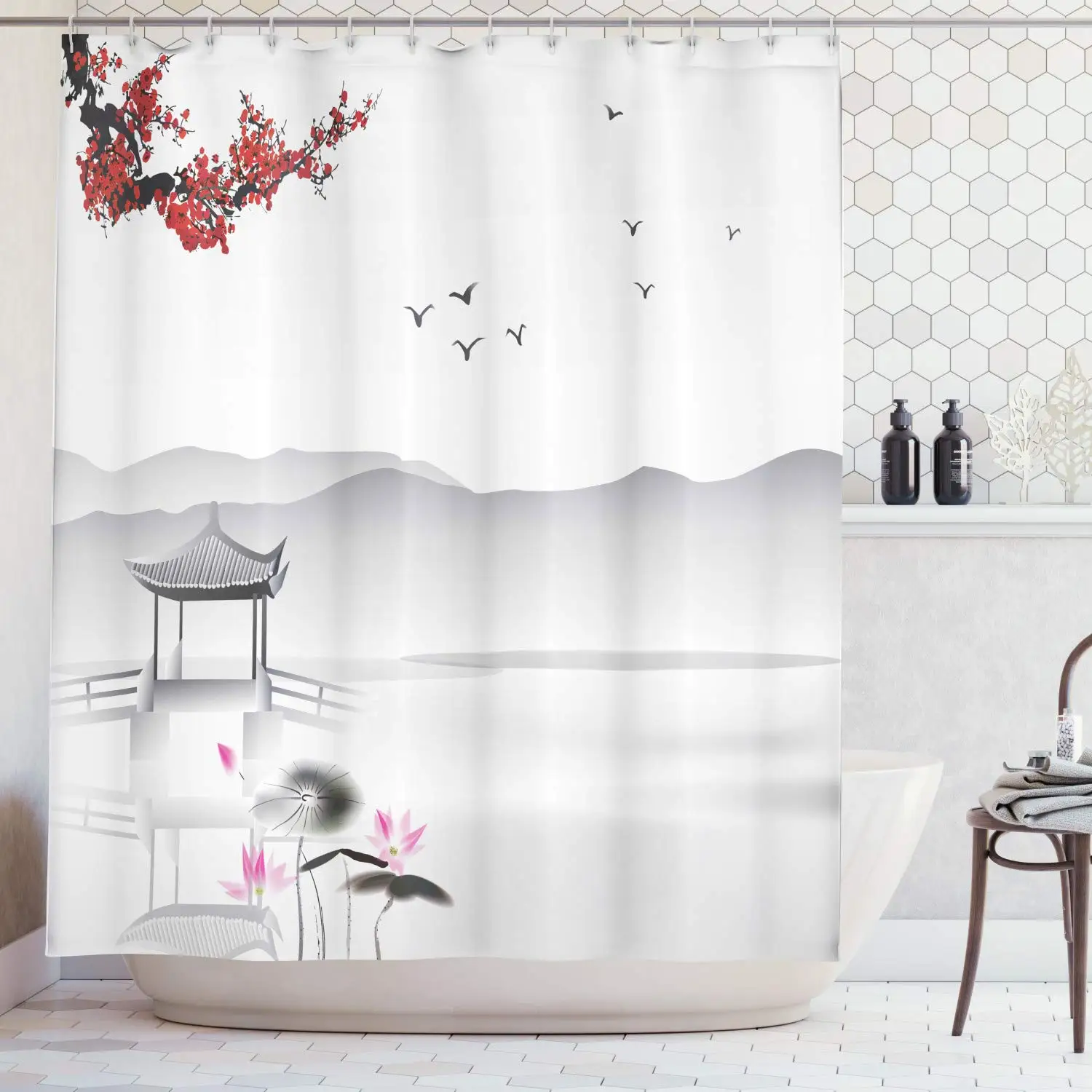 Japanese Asian Style Garden with Bird and Small Pavilion Over the Lake Lotus Waterlily Polyester Shower Curtain Set