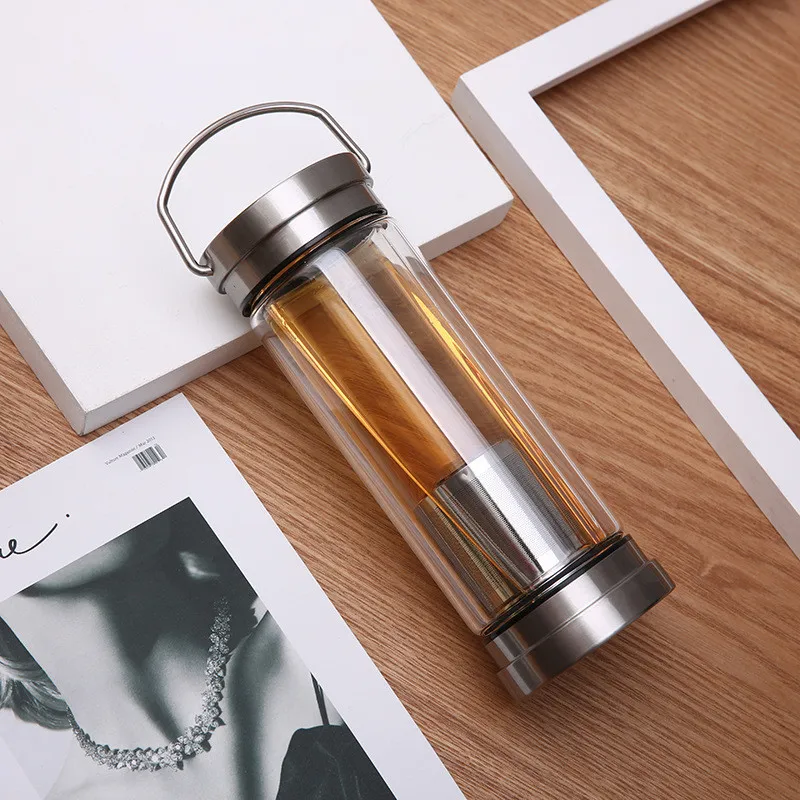 300ML 400ML Glass Water Bottle Glass Bottle with Stainless Steel Tea Infuser Filter Tea Separator Drinking Travel Glass Bottle