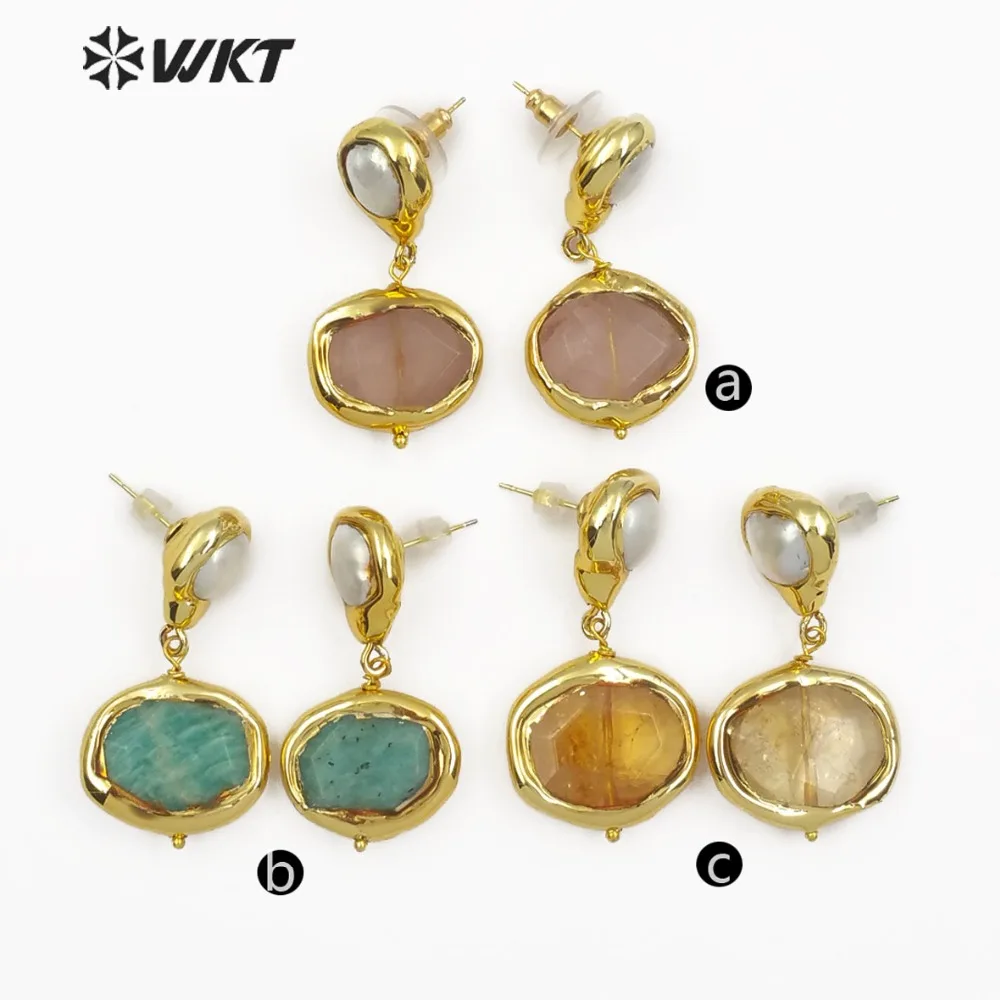 WT-E481 Gold Trim Earring Freshwater Pearl Stud Rose Quartz  Amazonite Yellow Crystal Inlay Fine Jewelry Gift For Female