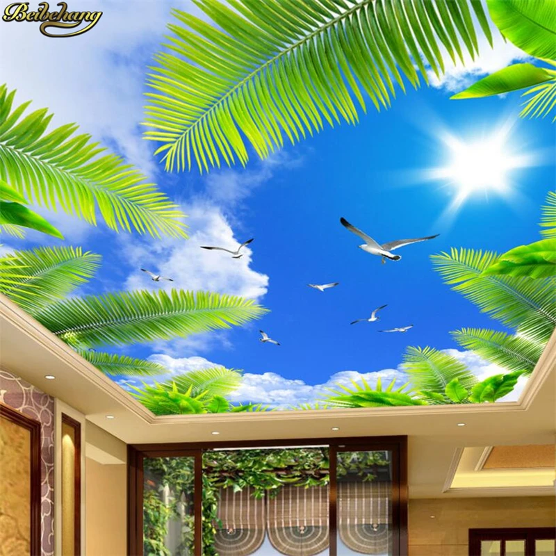beibehang Custom photo wallpaper beautiful blue sky white clouds coconut trees seascape sunny ceiling roof living room backgroun