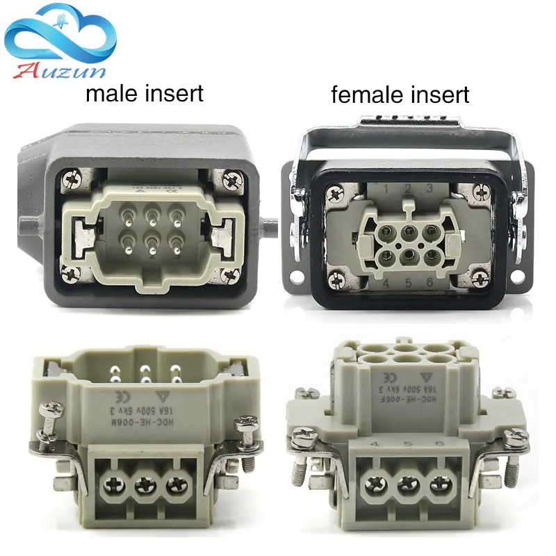 HDC-HE-006 rectangular heavy duty connector 6 core pins aviation Industrial automation control cabinet plug socket 10A 250V