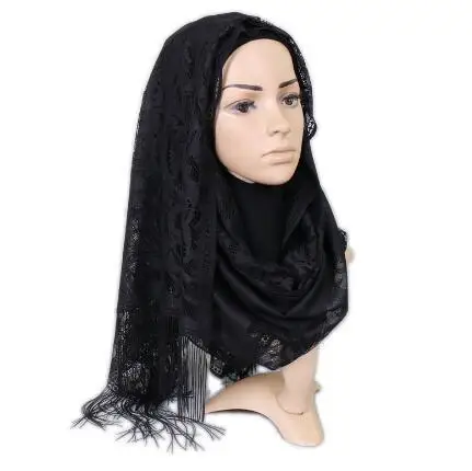 Elegant Women Cotton Polyester Floral Lace Scarf Shawl Tassels Party Wedding Lace Veil India Arab Muslim Hijabs Scarves