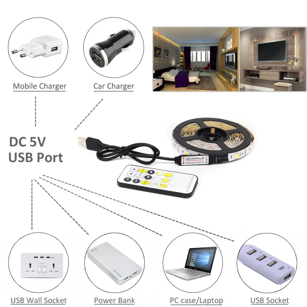 Pasek LED światła CCT 5050 z możliwością ściemniania USB 5V CW pilot RF regulowana taśma taśma LED z podświetleniem USB do telewizora z