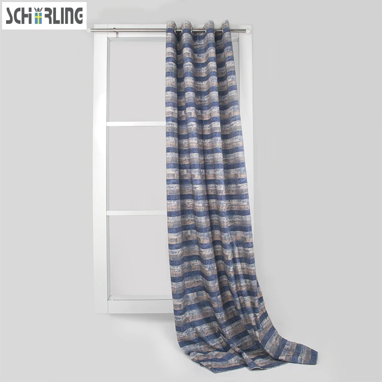 European Style New Year Printed Wooden Look Curtains Blue Stripe Pattern 100% Cotton Customizable Size for Living Room