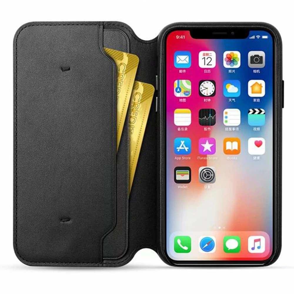 Luxury Smart Sleep Flip Genuine Leather Case for iPhone X XS 8 7 8 Plus 7 Plus Wallet Case with Card Holder