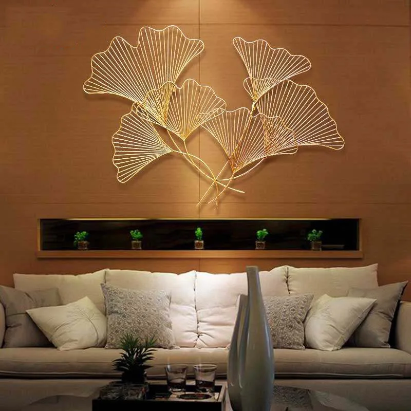 

American Wrought Iron Ginkgo Leaf Wall Hanging Crafts Decoration Home Livingroom Wall Mural Ornaments Hotel Porch Wall Sticker