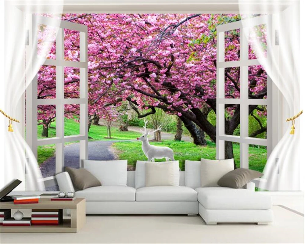 beibehang 2020 new personalized 3D wallpaper 3d window curtains cherry blossom scenery deer TV background wall papers home decor