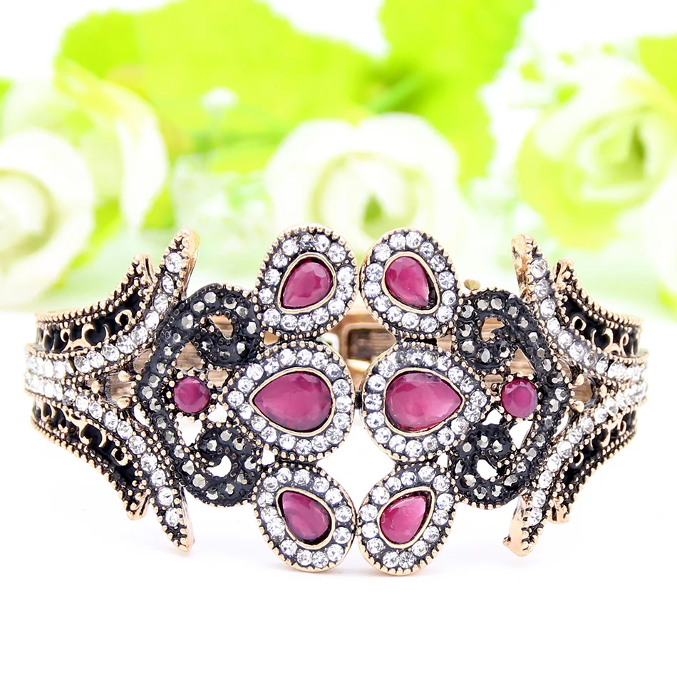 Sunspicems Ethnic Resin Flower Bangle Bracelet Turkish Crystal Jewelry Antique Gold Color Peacock Cuff Bracelets Tulip Bangle