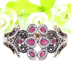 Sunspicems Ethnic Resin Flower Bangle Bracelet Turkish Crystal Jewelry Antique Gold Color Peacock Cuff Bracelets Tulip Bangle