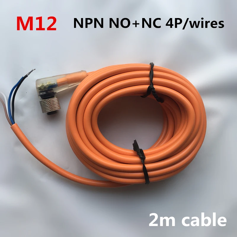 M12 sensor connectors 4 pins/ 4 wires NPN 2m pvc cable angle type with LED indicator waterproof connector plug suit NO+NC sensor