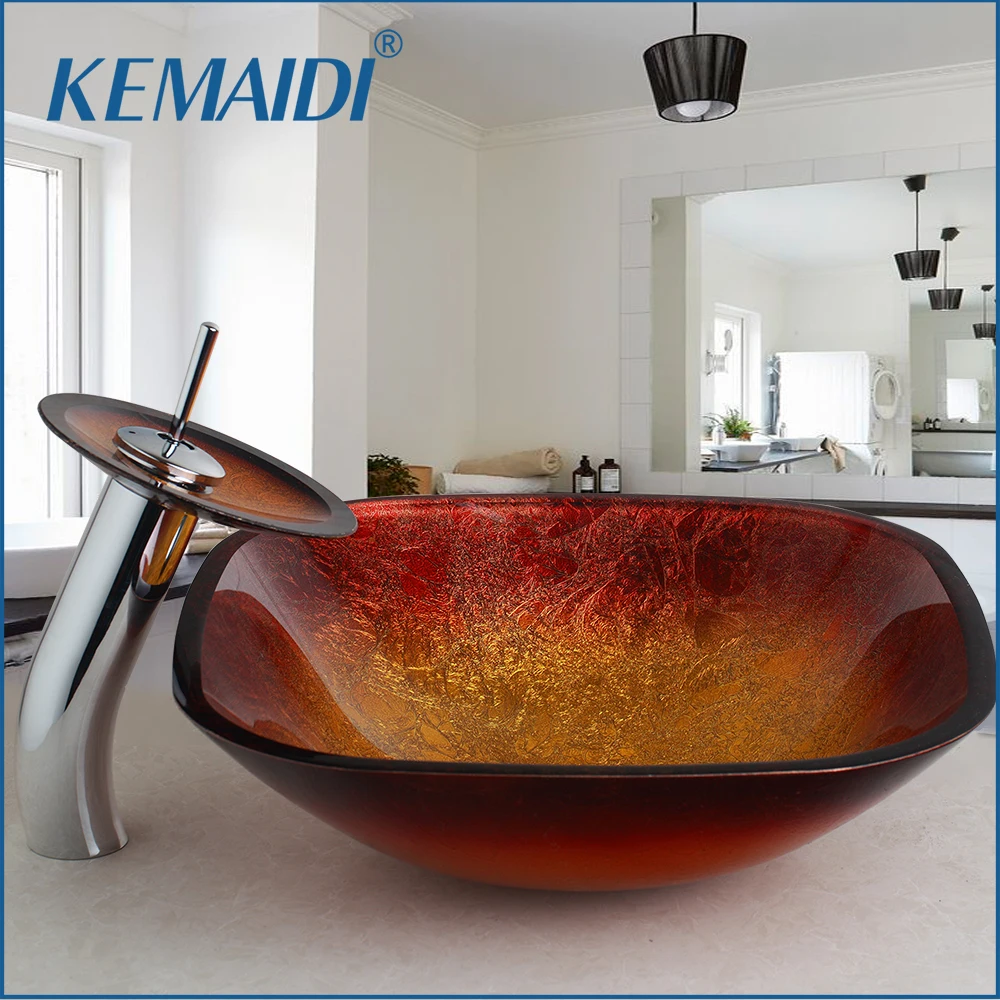 KEMAIDI Tempered Glass Hand Painted Bathroom Basin Tap Waterfall Square Gold Bathroom Sink Washbasin Bath Set Faucet Mixer