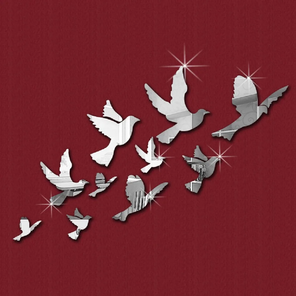 10pcs Peace Pigeons Pattern Flying Birds Acrylic 2014 Crystal Reflective DIY Mirror Effect 3D Wall Stickers Home Decoration