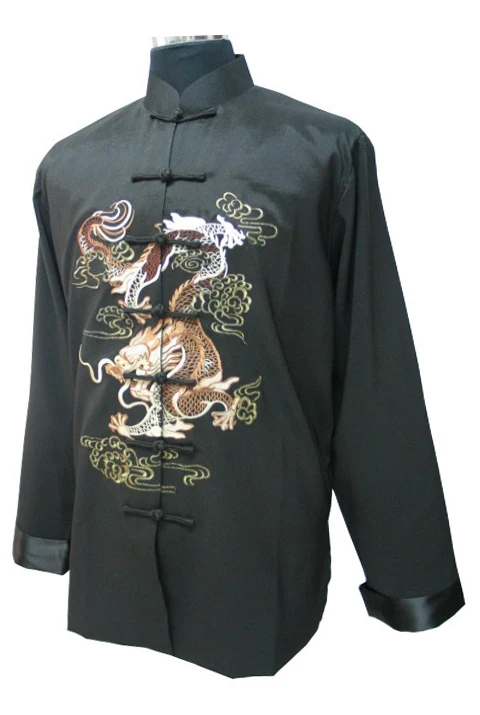 Black Chinese Men\'s Silk Tang Suit Novelty Kung Fu Jacket Classic Embroidery Costume Kung Fu Shirt Size M L XL XXL XXXL MJ080