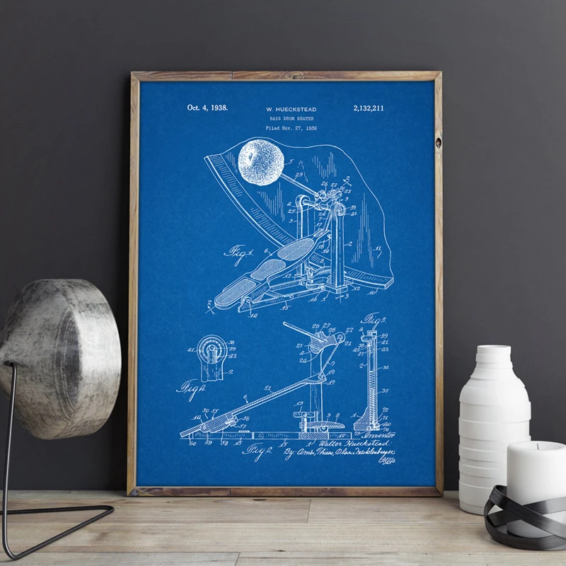 Bass Drum Beater Poster Kick Pedal Art Prints Room Decor Vintage Blueprint Canvas Painting Musician Gift idea Music Decorations