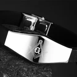 Wholesale 20cm Masonic Bracelet Bangle For Men Stainless Steel Black Silicone Bracelet Men Freemasonry Jewelry Gift B422