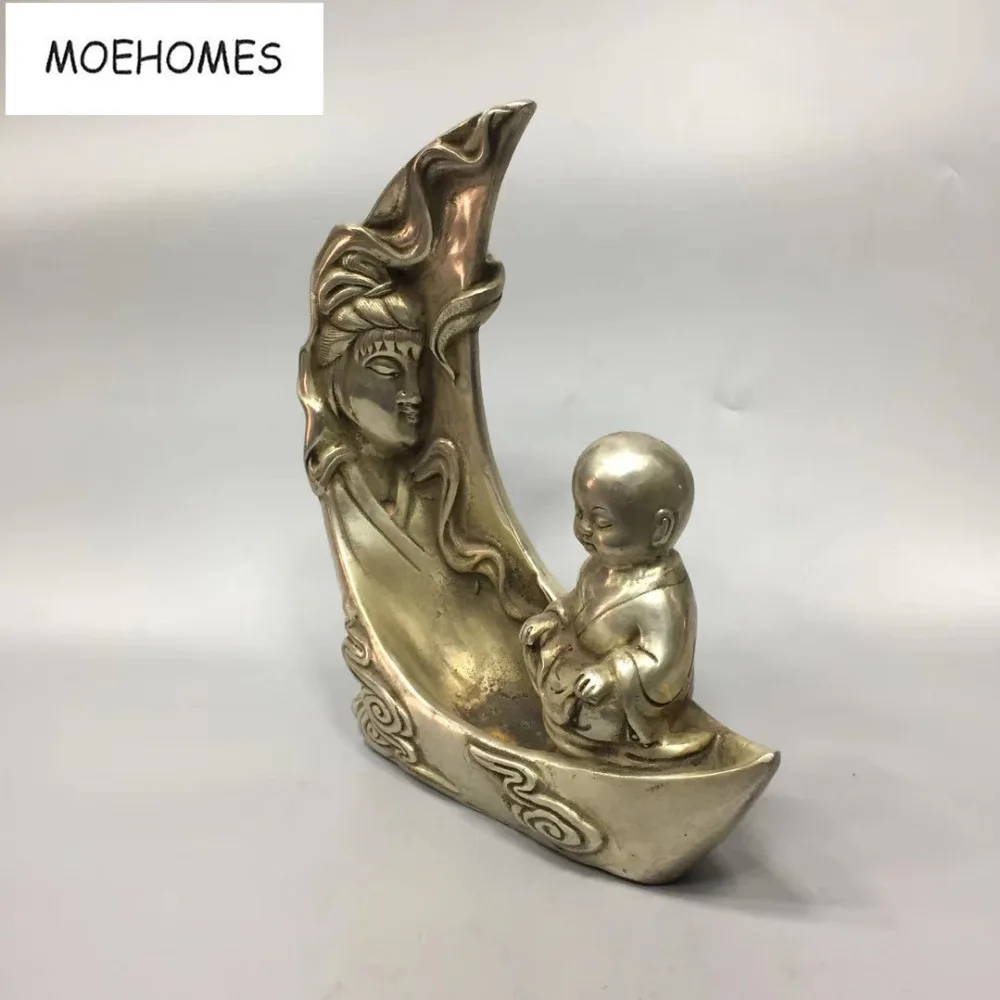 MOEHOMES Chinese Old tibet Silver Bronze Boy, Guanyin, crescent shaped Statue home decoration metal crafts