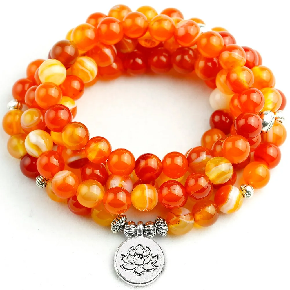 8MM Orange Stripe Onyx Mala Bracelet Women Lotus Tree Wing Pendant Necklace Unisex 108 Prayer Beads Stone Jewelry Men