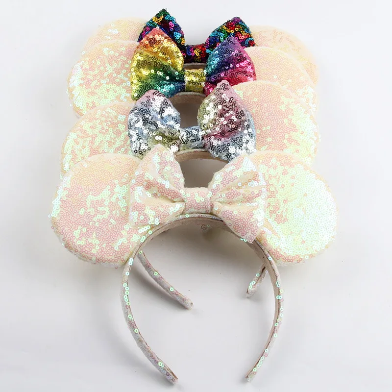 Rainbow Bow Lantejoulas Hairband para Crianças, Minnie Mouse Orelhas Headband para Mulheres, DIY Acessórios para Cabelo, Headwear para Meninas, Novo