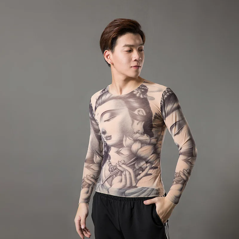 2019 Fashion Men\'s Fake Tattoo T-shirts Long Sleeve Elastic Modal Thin All Over Print O-Neck Tattoo Shirts Halloween Clothing