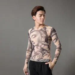 2019 Fashion Men's Fake Tattoo T-shirts Long Sleeve Elastic Modal Thin All Over Print O-Neck Tattoo Shirts Halloween Clothing