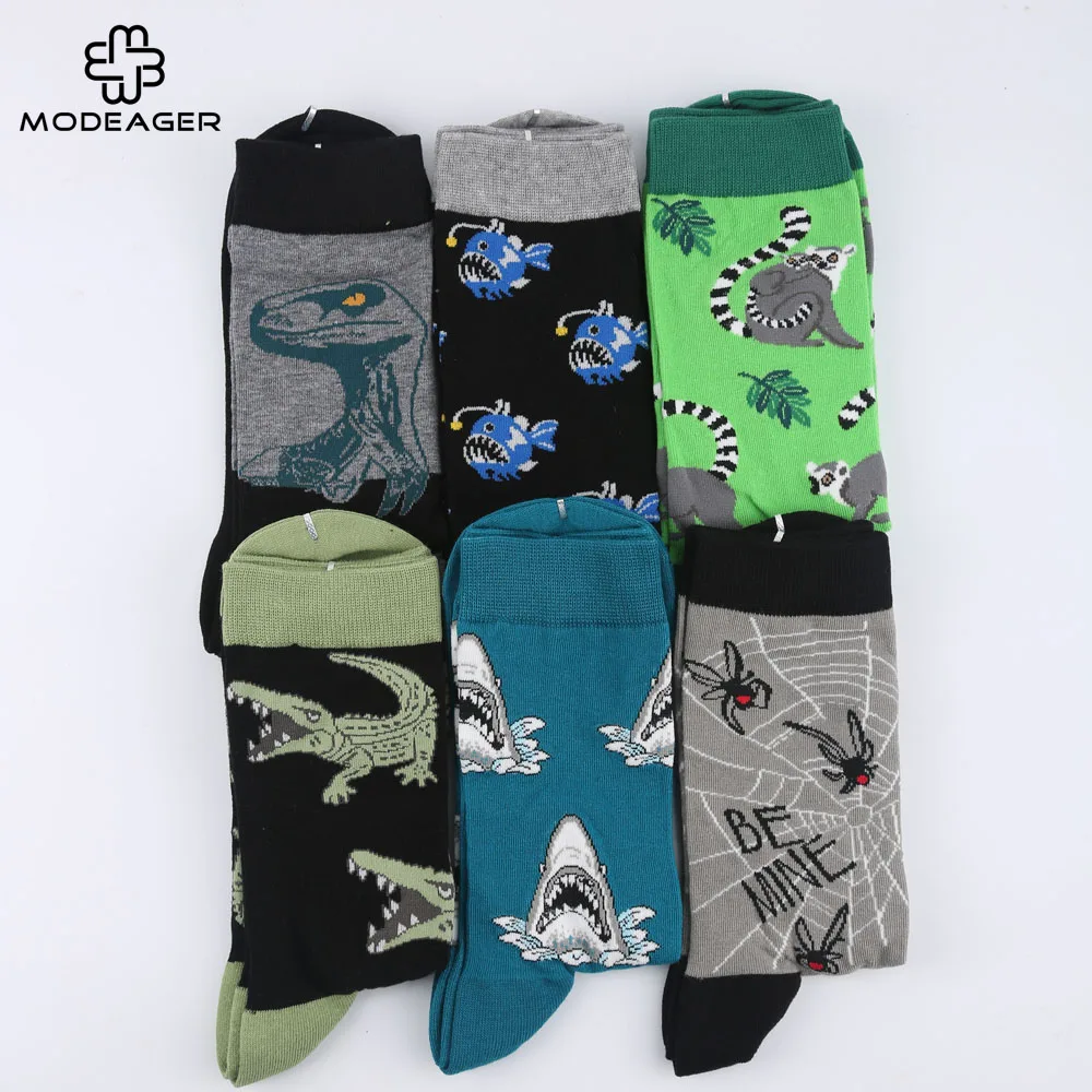 Modeager Brand Casual Dinosaur Crocodile Shark Spider Cool Funny Animal Men Socks Cotton long hip hop cool Skate Socks for Men