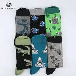 Modeager-calcetines largos de algodón para hombre, calcetín informal de marca con diseño de dinosaurio, Cocodrilo, tiburón, Araña, Animal divertido, estilo hip hop