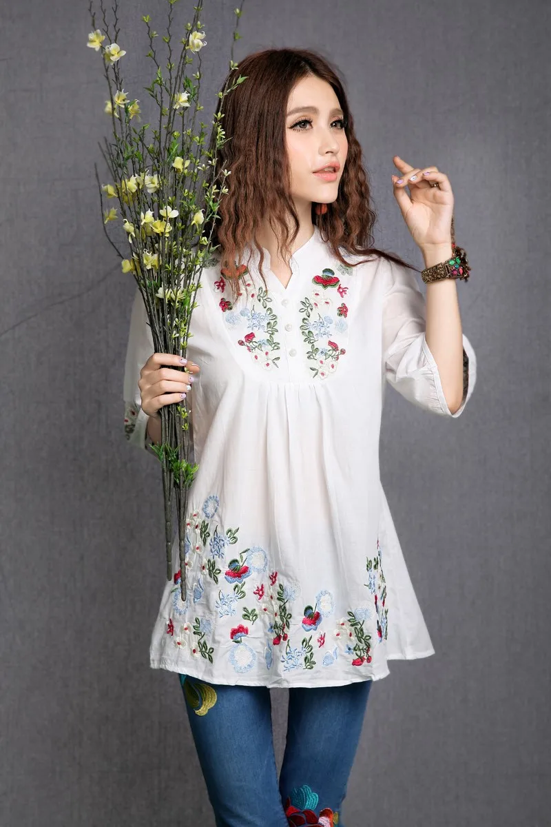 Summer Vintage 70s Peasant Mexican Ethnic Floral Embroidered Short Sleeve Boho Hippie Dress Clothing Vestidos 3 colors